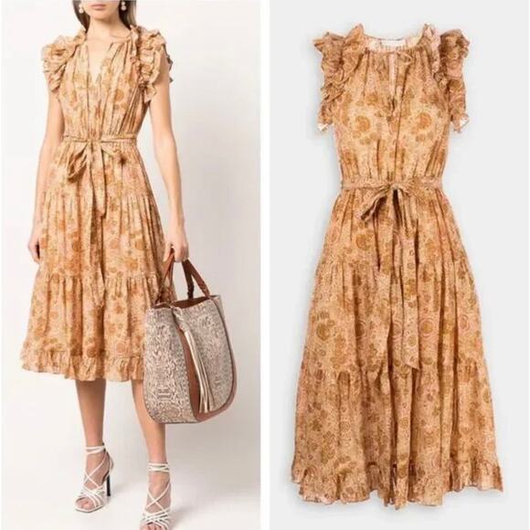 Ulla Johnson Virginia Dress Midi Belt Ruffle Yellow Meadow Cottage Cotton 2 - Picture 1 of 12